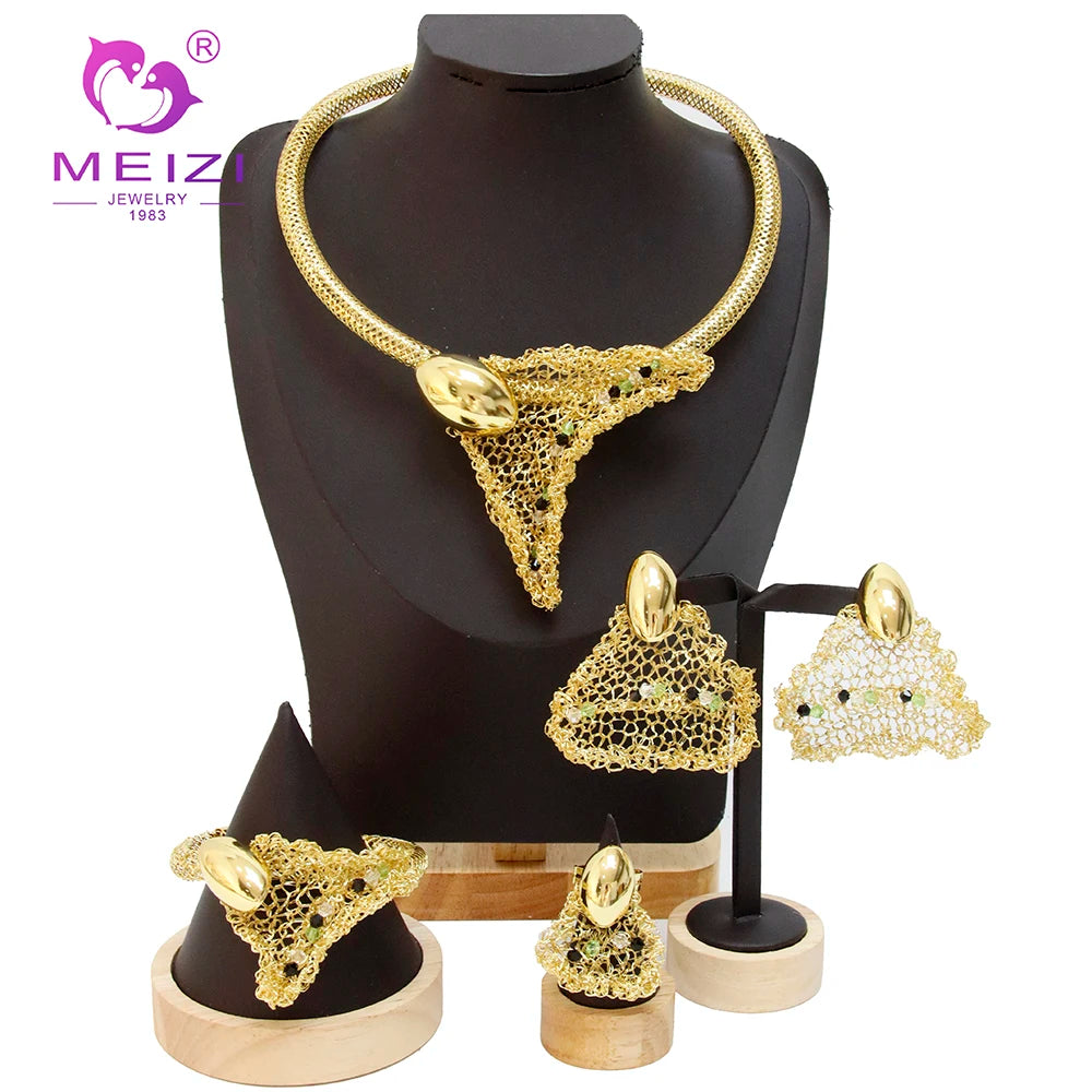 MEIZI JEWELRY 4pcs African Wedding Bridal Set Necklace Earring Ring Bracelet 24K Gold Plated Big Jewelry Sets