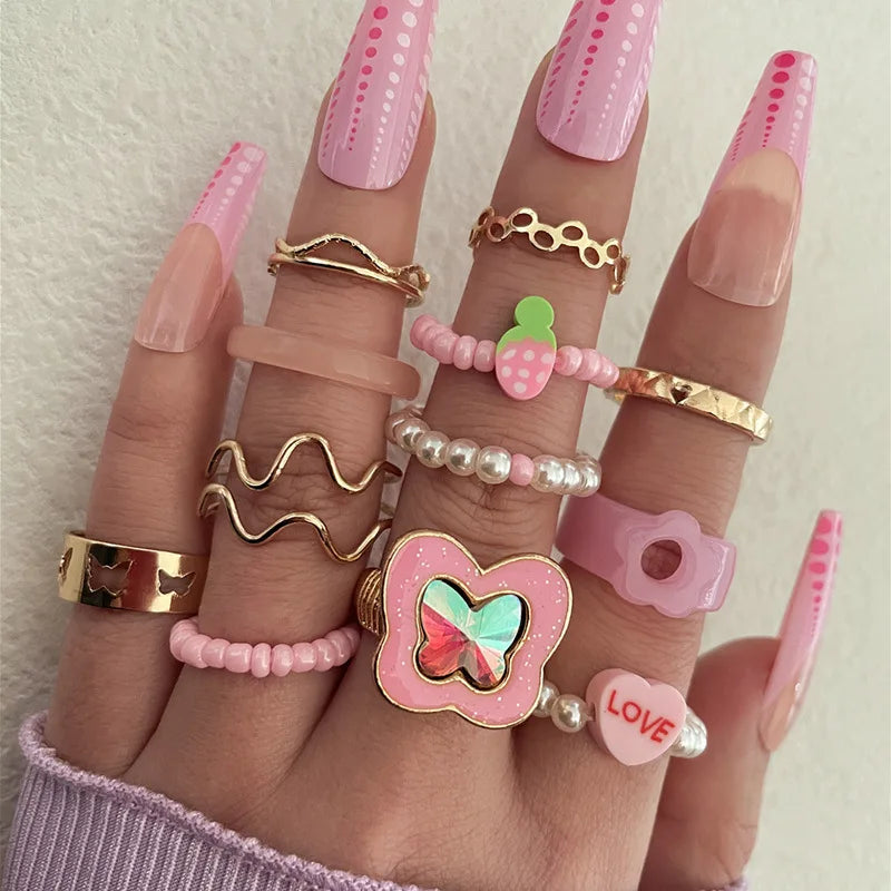 12pcs/set Bohemia Finger Jewelry Cute Acrylic Rice Beads Pearl Fruit Butterfly Flower Ring Set Love Finger Ring Set