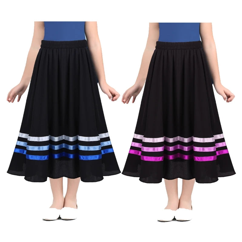 IEFiEL Kids Girls Vintage Full Circle Chiffon Long Skirt Spirit Praise Ballet Dance Skirt Performance Costume