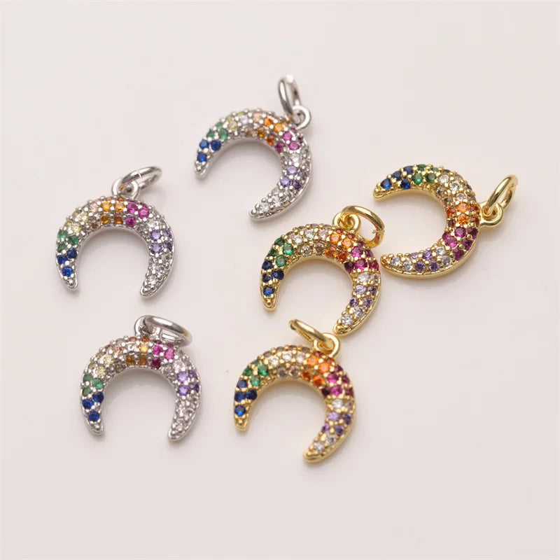 Diy Cute Necklace Bracelets Micro CZ Pave 18K Gold Plated Moon Shape Pendant for Jewelry Making Party Gift