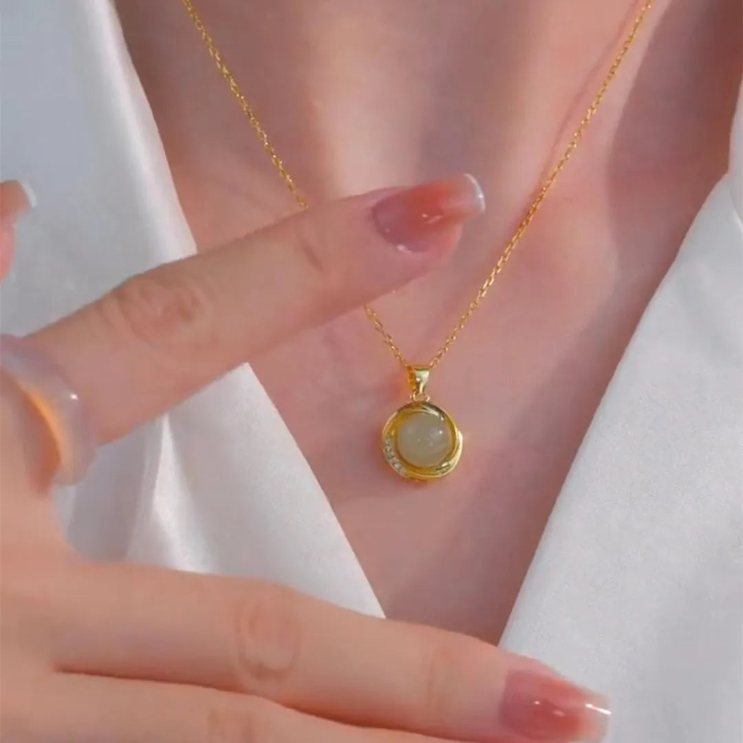 Minimalism Design Green Crystal Beads Necklace Stainless Steel Gold Plated Clavicle Chain Geometry Round Pendant Necklace