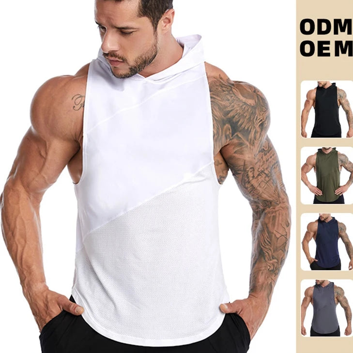 Fitness Custom Logo Printed Gym Wear Hoodies With Hood Sleeveless Sport Wear Vest Men Tank Top