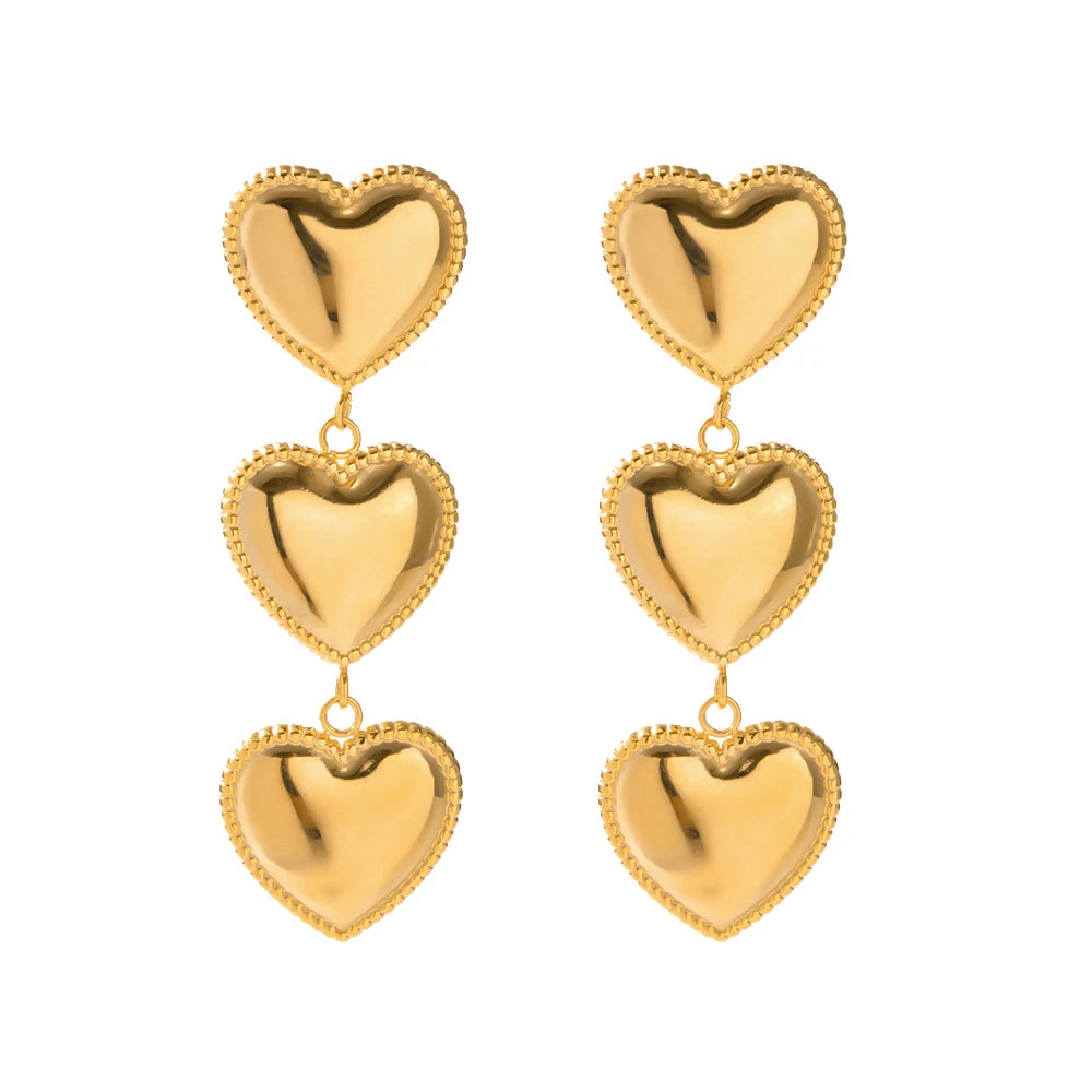 Tarnish-Free Three Big Heart Pendant Earring 18K Gold Plated Stainless Steel Colorful Oil Drop Smooth Love Drop Earring