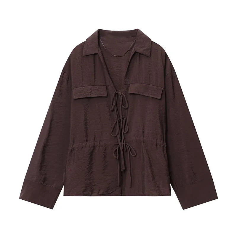 ZATRHMBM Autumn Women's Clothing 2025 New Fashion Bow-decorated Shirt Retro Casual Long-sleeved Versatile Women's Shirt