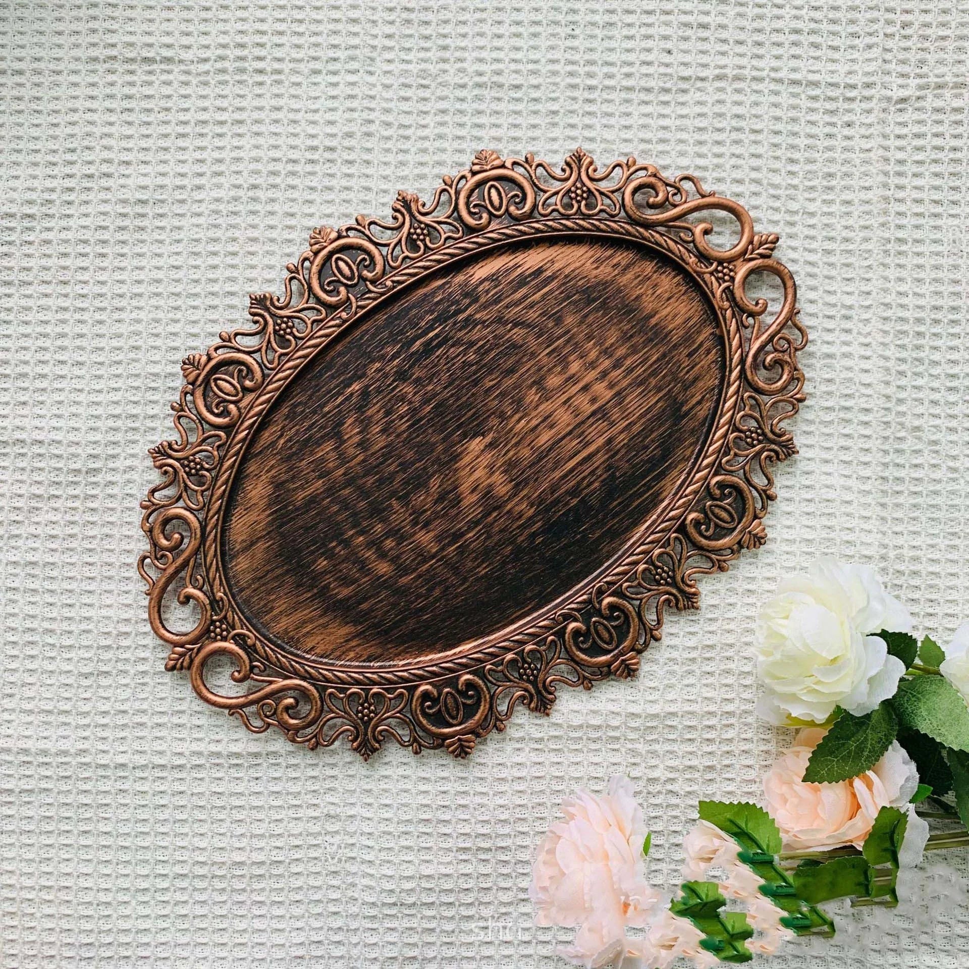 Oval Distressed Unique Styling Vintage Lace Irregular Border Platters DIY Mirror Fruit Bowl Tray Decorative Charger Plates
