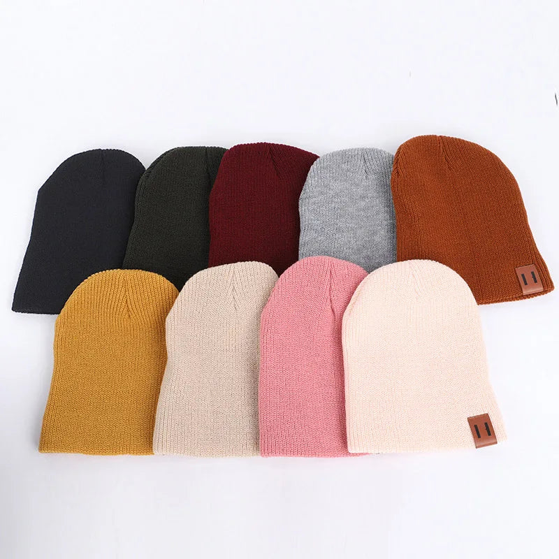 Versatile Parent-child Knitting Woolen Yarn Pullover Hat With Leather Label Solid Color Warm Baby Knitted Hat