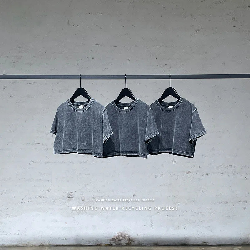 Wholesale Customized Women's Hip Hop Vintage Acid Wash Short T-shirt Old Washed 3D Pattern Lantern Sleeve Knitted Fabric Quick