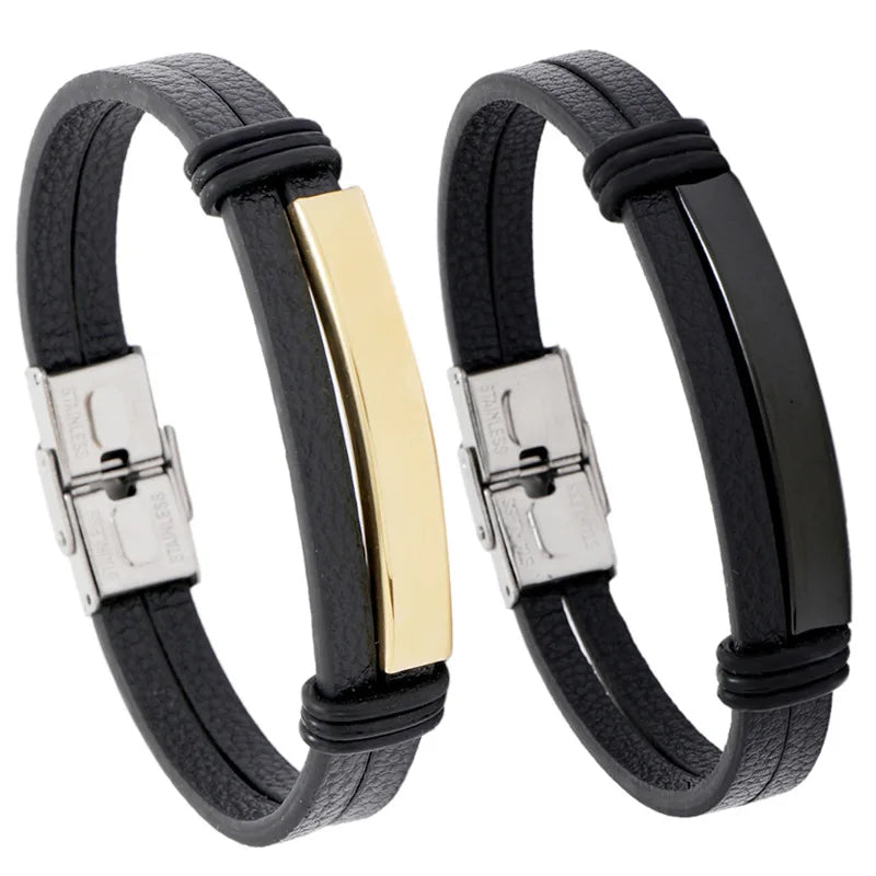 Simple Blank Stainless Steel Magnetic Buckle Design Black  Leather Sporty Bracelet Men Bangle Fashion Jewelry