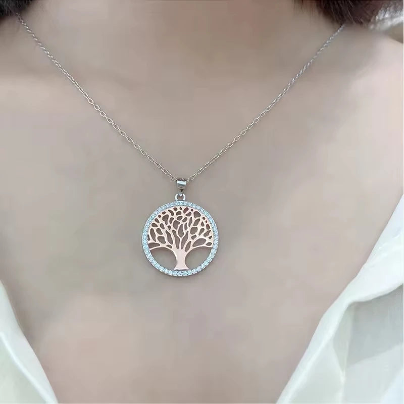 Family Jewelry 925 Sterling Silver Rose Gold Plated Simple Design Tree of Life Pendant Necklace