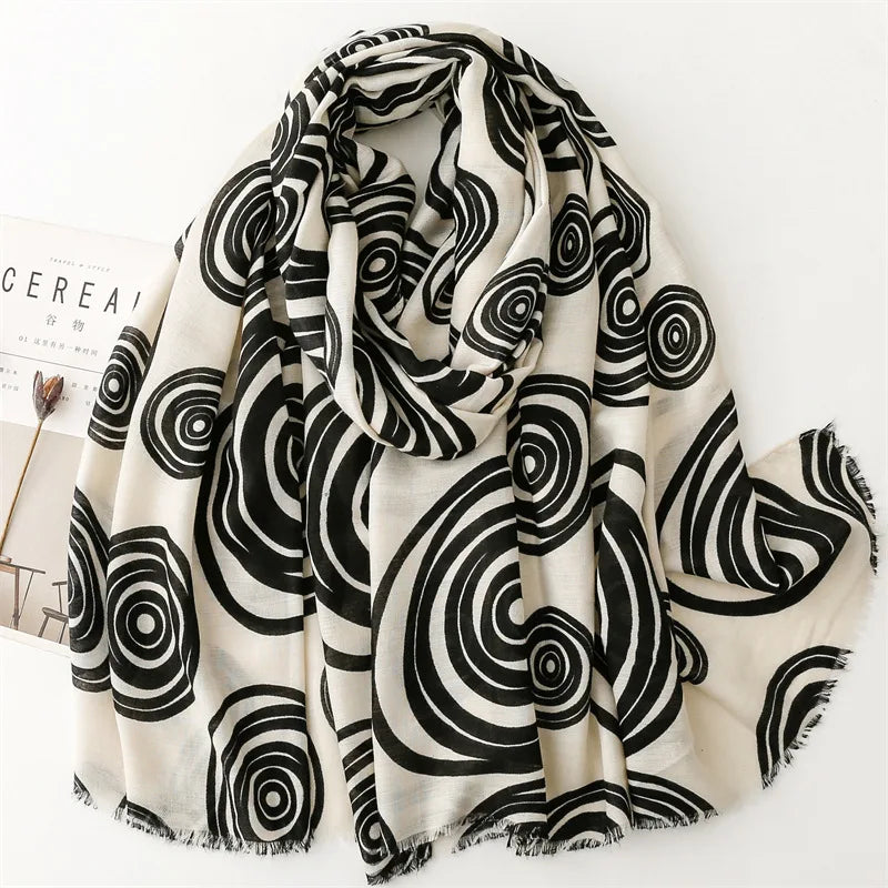 Wholesale European Fashion Malaysia Shawls for Women Color Block Circle Pattern Geometric Viscose Cotton Printed Black Scarf