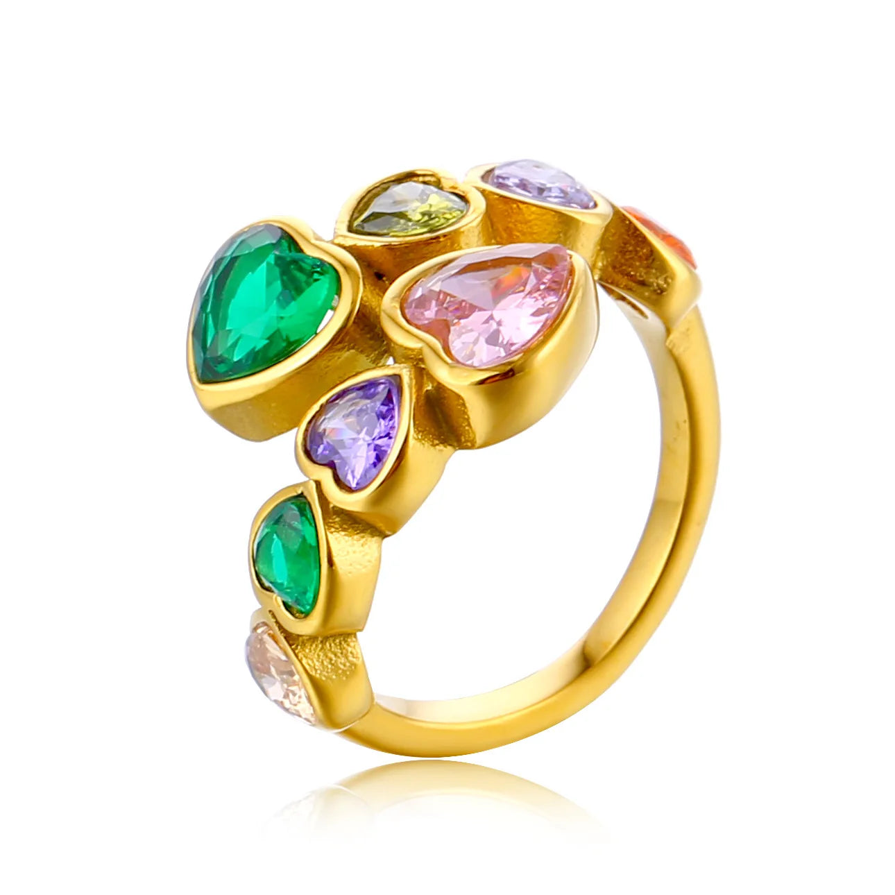 Wholesale Multi-Color Natural Stone & Colorful Heart Gold Tone Gemstone Ring Fashionable Stainless Steel Adjustable Ring