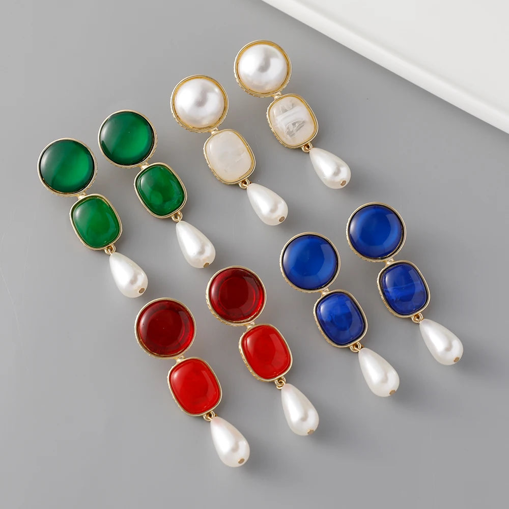 Hot Sale Colorful Glass Geometric Dangle Earrings 3 Layer Resin Baroque Pearl Drop Earrings Vintage Jewelry