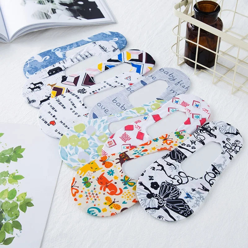 Wholesale Summer Novelty Printed Ice Silk Boat Socks Funny Sublimation Invisible No Show Socks for Women