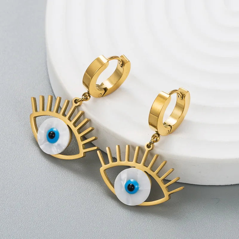 Popular 18K Gold Plated Stainless Steel Evil Eyes Earrings Hot Sale Women Turkish Blue Eye Huggie Hoop Earrings