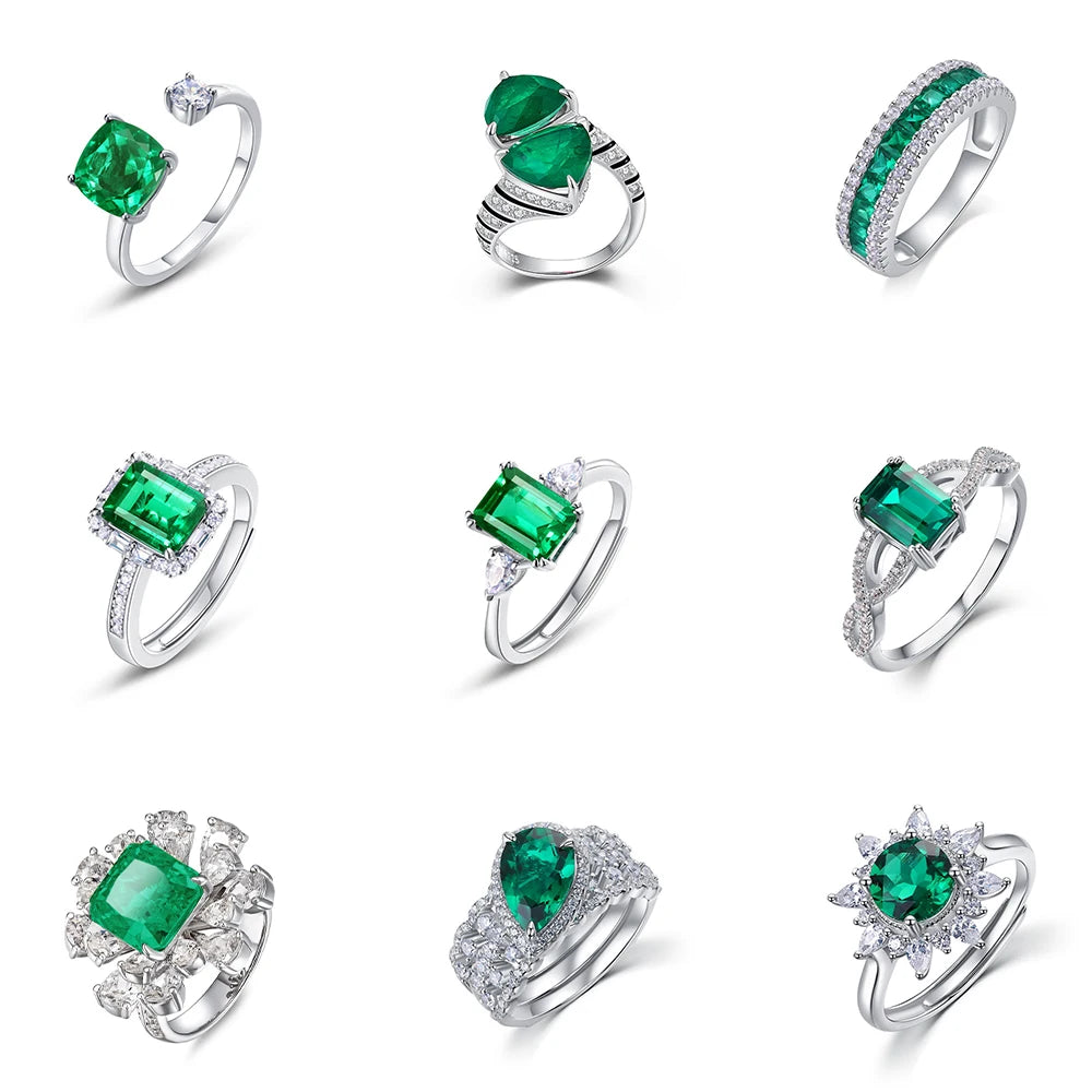 Luxury 925 Sterling Silver Emerald Adjustable Ring Eco-Friendly Lab-Grown Diamond Elegant Baguette Design Unisex Engagement Gift