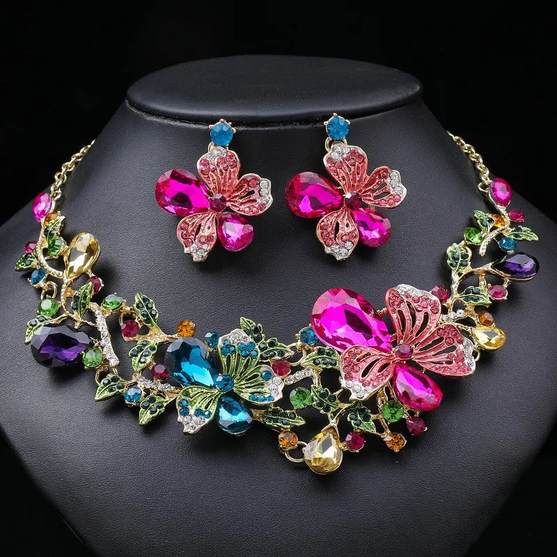 New Color Necklace Earrings Set Bride Light Luxury Bright Flowers High Sense Jewelry Set