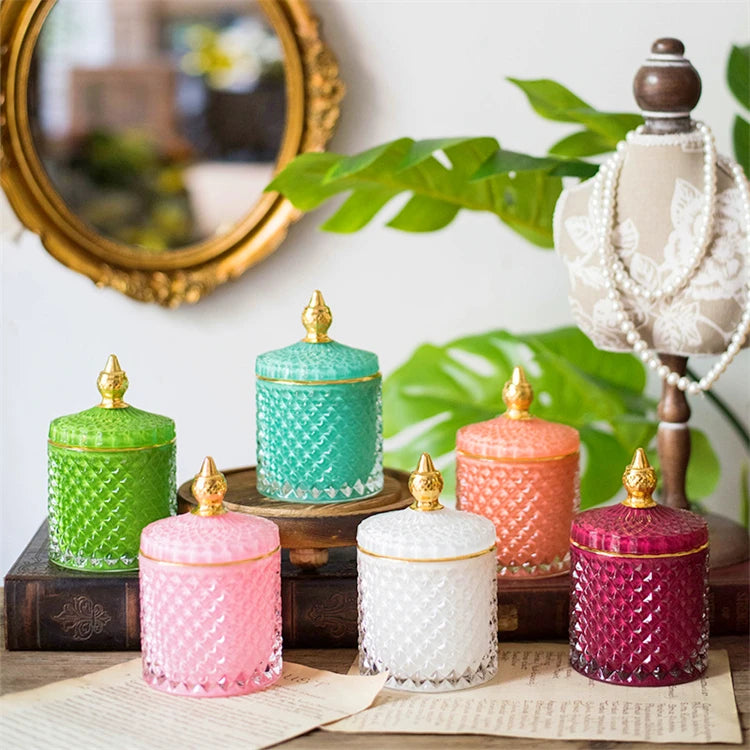 Best Selling Wholesale Custom Handmade Colored Light Luxury Home Decoration Colorful Glass Candle Candy Jar With Lid