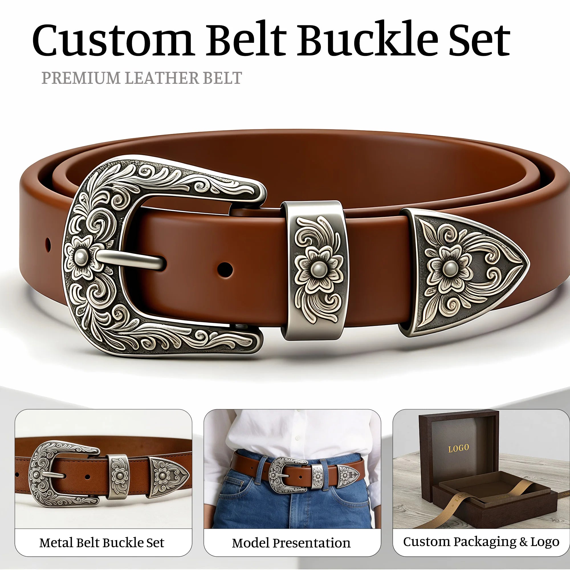 2025 Hot Sale Flower Engraved Metal Screw Back 38mm 3 Piece Western  Belt Buckle Set Conchos for Leather
