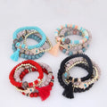 Jingcan Crystal Women 4 Layers Beaded Bracelet Handmade Hamsa Hand Pendant Crystal Wood and Natural Beads Bracelets
