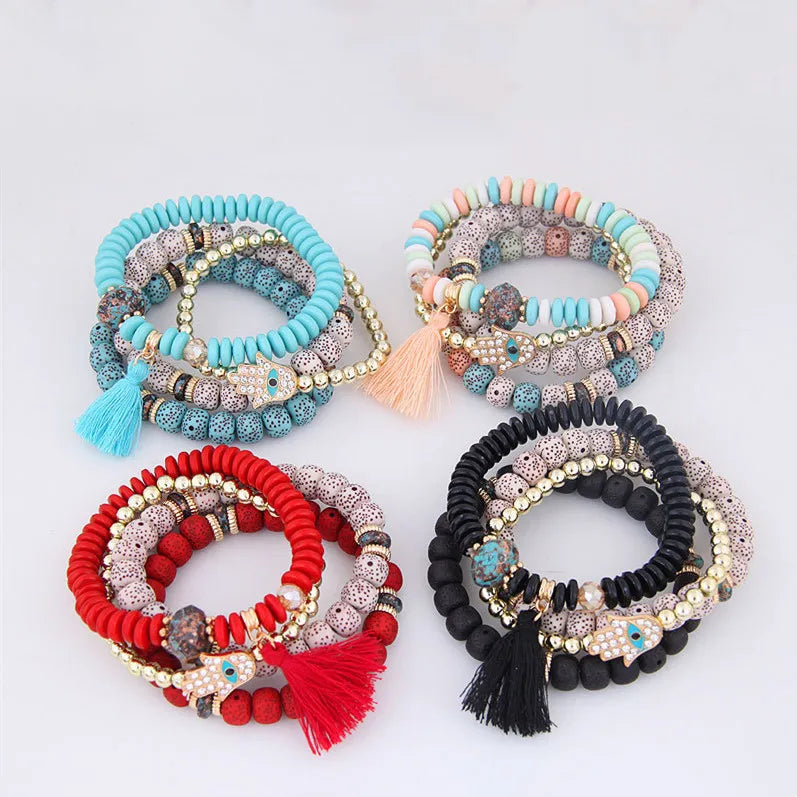 Jingcan Crystal Women 4 Layers Beaded Bracelet Handmade Hamsa Hand Pendant Crystal Wood and Natural Beads Bracelets