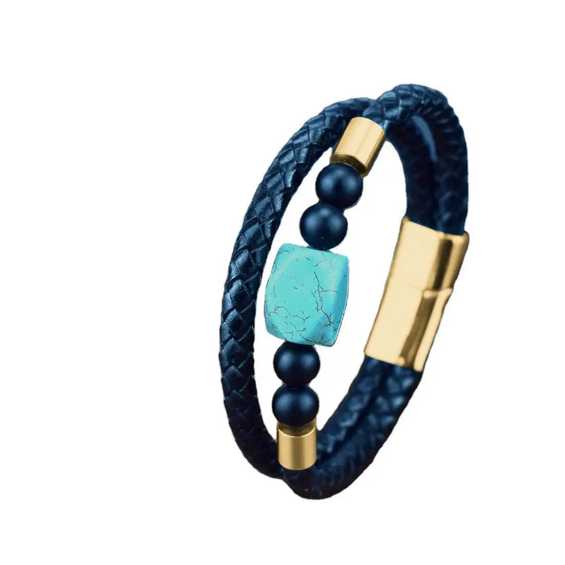 Wholesale Magnet Viking Minimal Engrave Men Steel Gemstone Pu Leather Bracelet