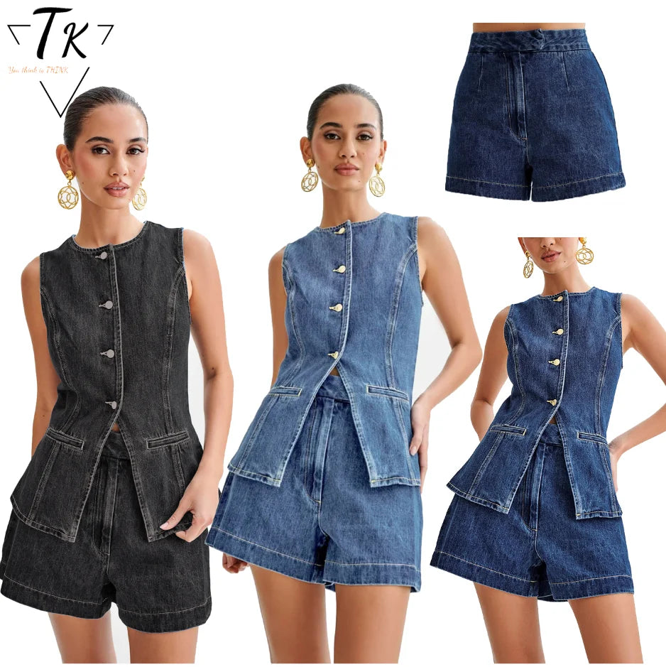 Think 2025 New Arrival Solid Sleeveless Bodycon Single Breasted Casual Two Piece Top and Shorts Set
