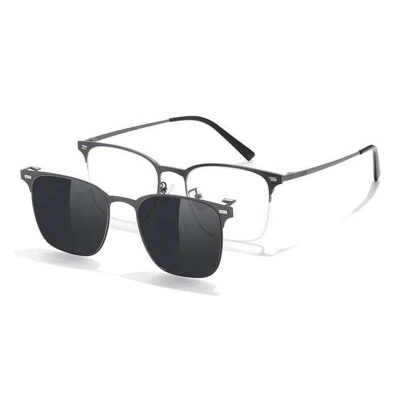 Wholesale Designer Square Half Rim Metal Optical Frame with Magnetic Clip on Flip up Polarized Sunglasses Lenses 7800 for Men
