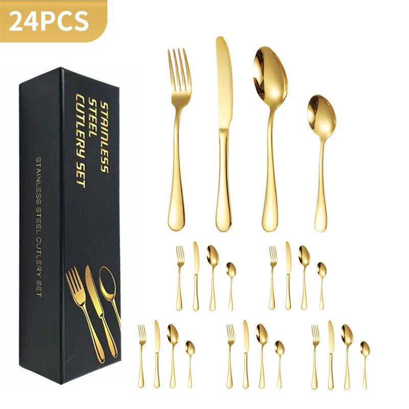 European Luxury 24pcs Gold Stainless Steel Flatware Knife Fork Spoon Cutlery Set With Gift Box
