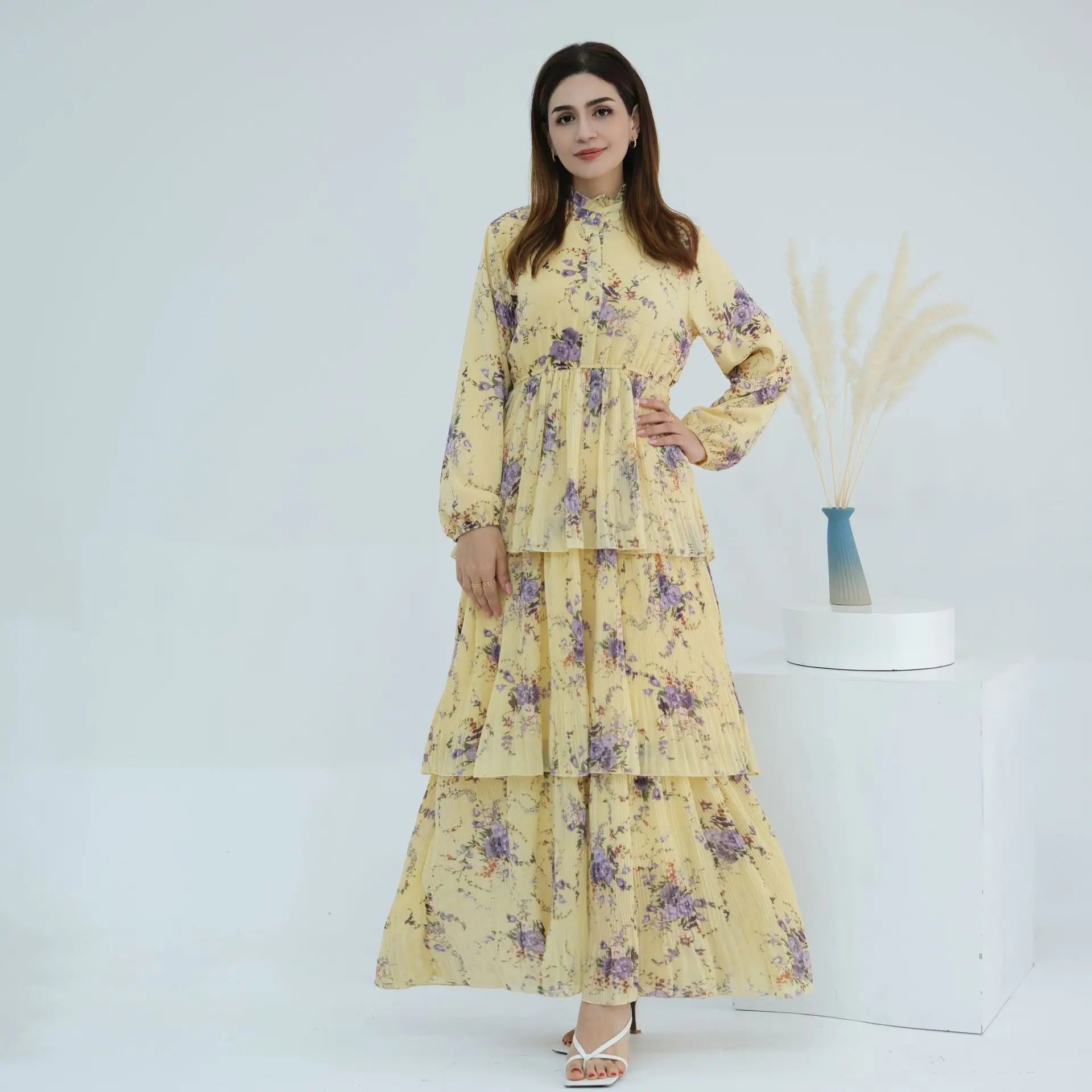 Ramadan 3 Layers Muslim Ladies Abaya Vacation Party Floral Maxi Dress