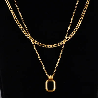 Jachon New Vintage Double Layered Black Shell Square Necklaces Gold Plated Stainless Steel Square Pendant Necklace