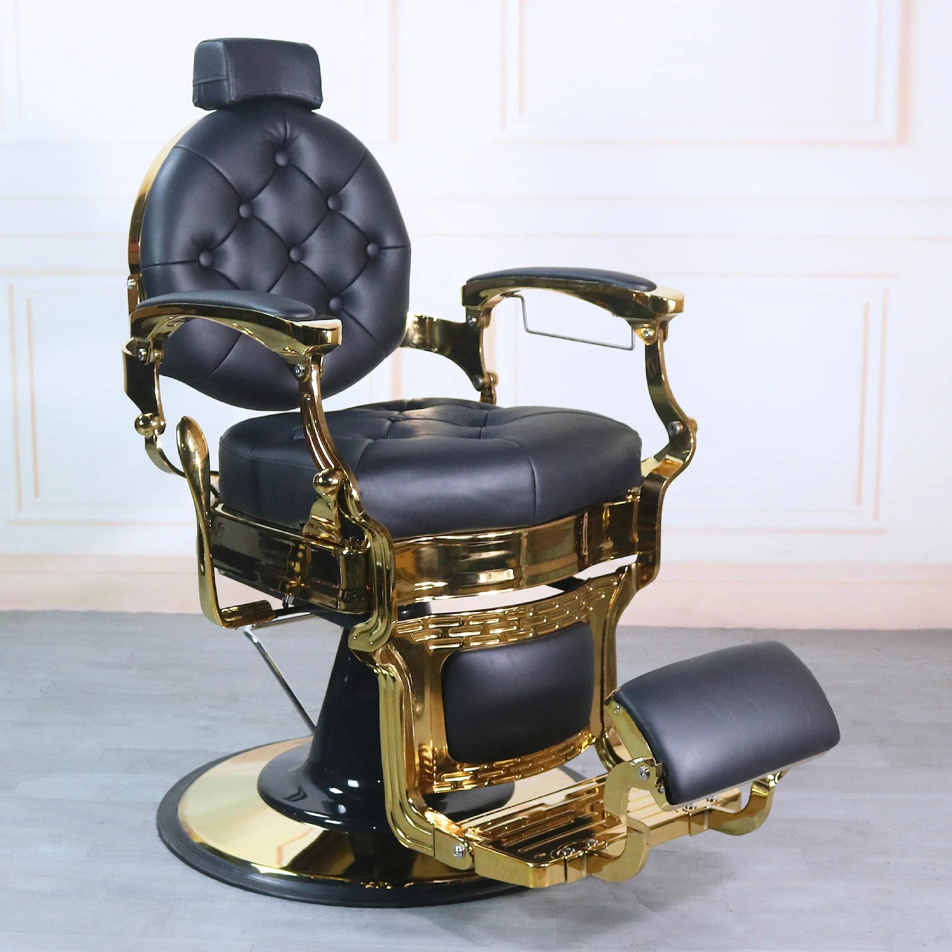 Jiuyi Modern Retro Gold Lift Barber Chair Leather Metal Heavy Duty Hair Salon Hairdressing Makeup Chair for Barber Shop