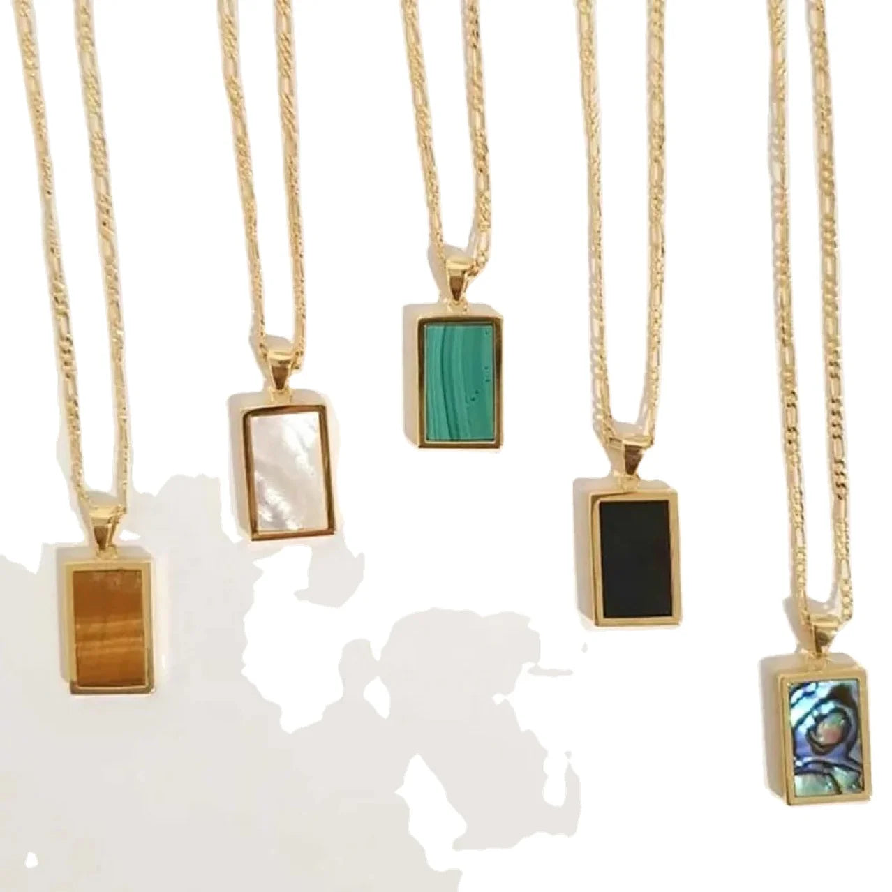Wholesale Custom 18K Gold Plated Stainless Steel Square Rectangle Abalone Malachite Onyx Turquoise Shell Pendant Necklaces