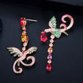 Unique Multi Red Green Cubic Zirconia Rose Gold Plated Long Phoenix Drop Dangle Earrings for Women Wedding Party  Animal Jewelry