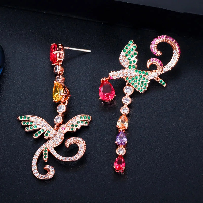 Unique Multi Red Green Cubic Zirconia Rose Gold Plated Long Phoenix Drop Dangle Earrings for Women Wedding Party  Animal Jewelry