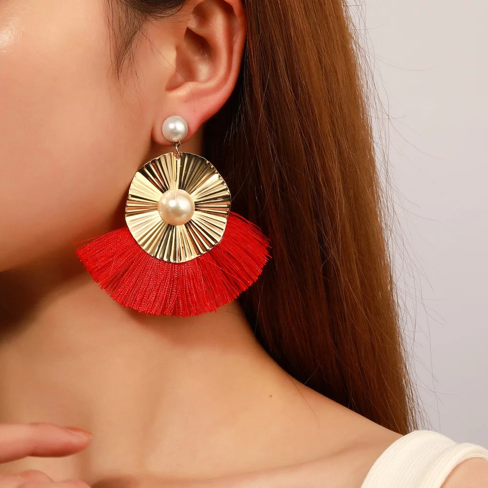 SC Exaggerated Metal Geometric Earrings Retro Colorful Irregular Pearl Earrings Bohemian Sector Tassel Earrings for Girls