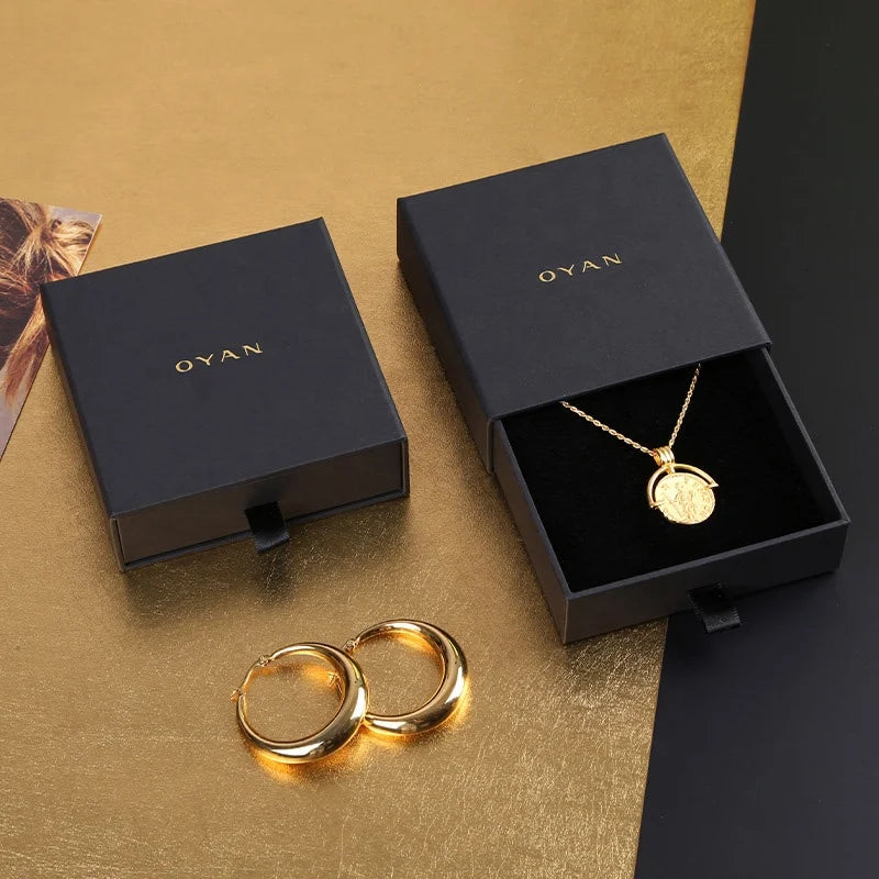 Hot Sale Custom Gold Logo Print Cardboard Pull Out Black Box Packaging Jewelry