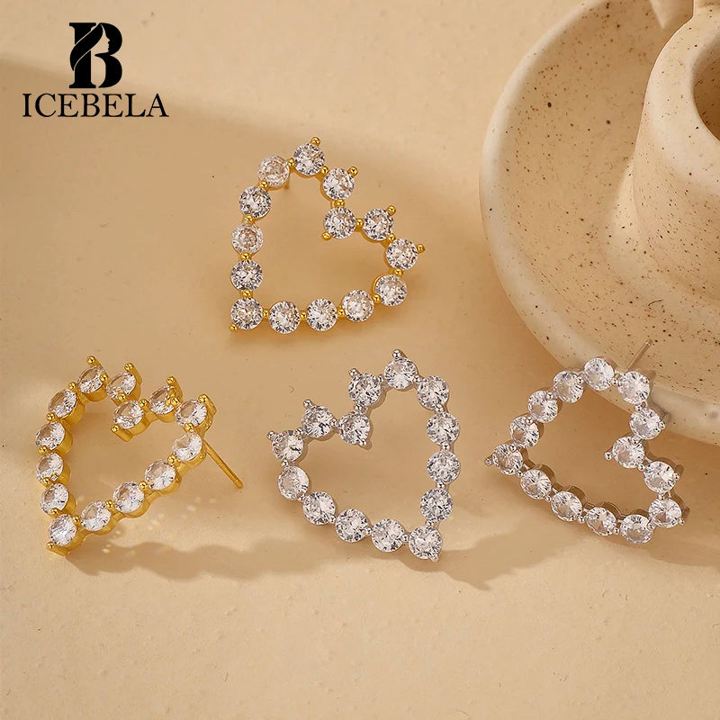 ICEBELA Fine Jewelry Piercing Jewelry Wholesale 18k Gold Plated Large Zircon Love Heart Stud Earring 925 Silver for Women
