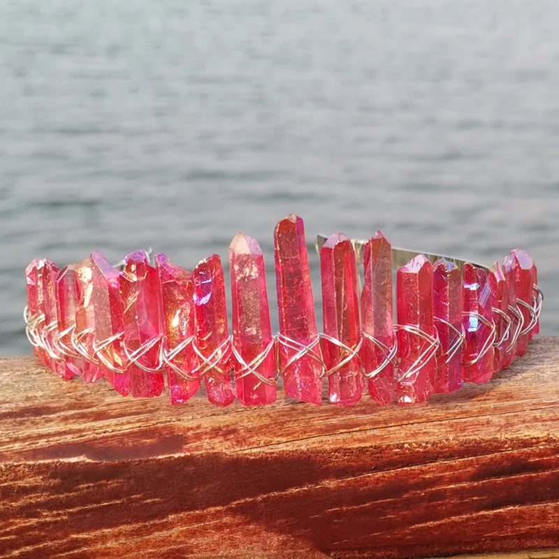 HZ Home Use Natural Crystal Crown Headband Bridal Red Headdress Gemstone Party Headband Hair Comb