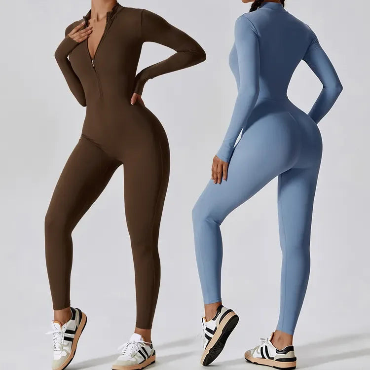Wholesale Fashion Factory One Piece Long Sleeve Sport Wear Gym Fitness Workout Clothing Bodysuit Half Zip Design Yoga Jumpsuit