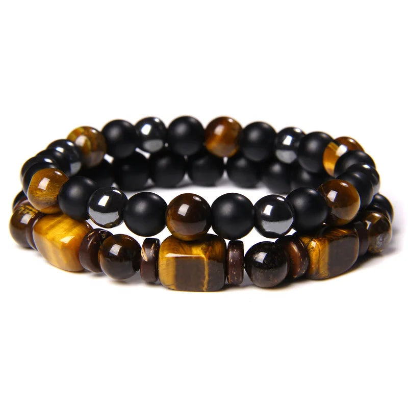 2pcs/Set Handmade Adjustable Braided Natural Stone Beads Geometric Hematite Stone Beads Tiger Eye Beads Bracelet Set for Men
