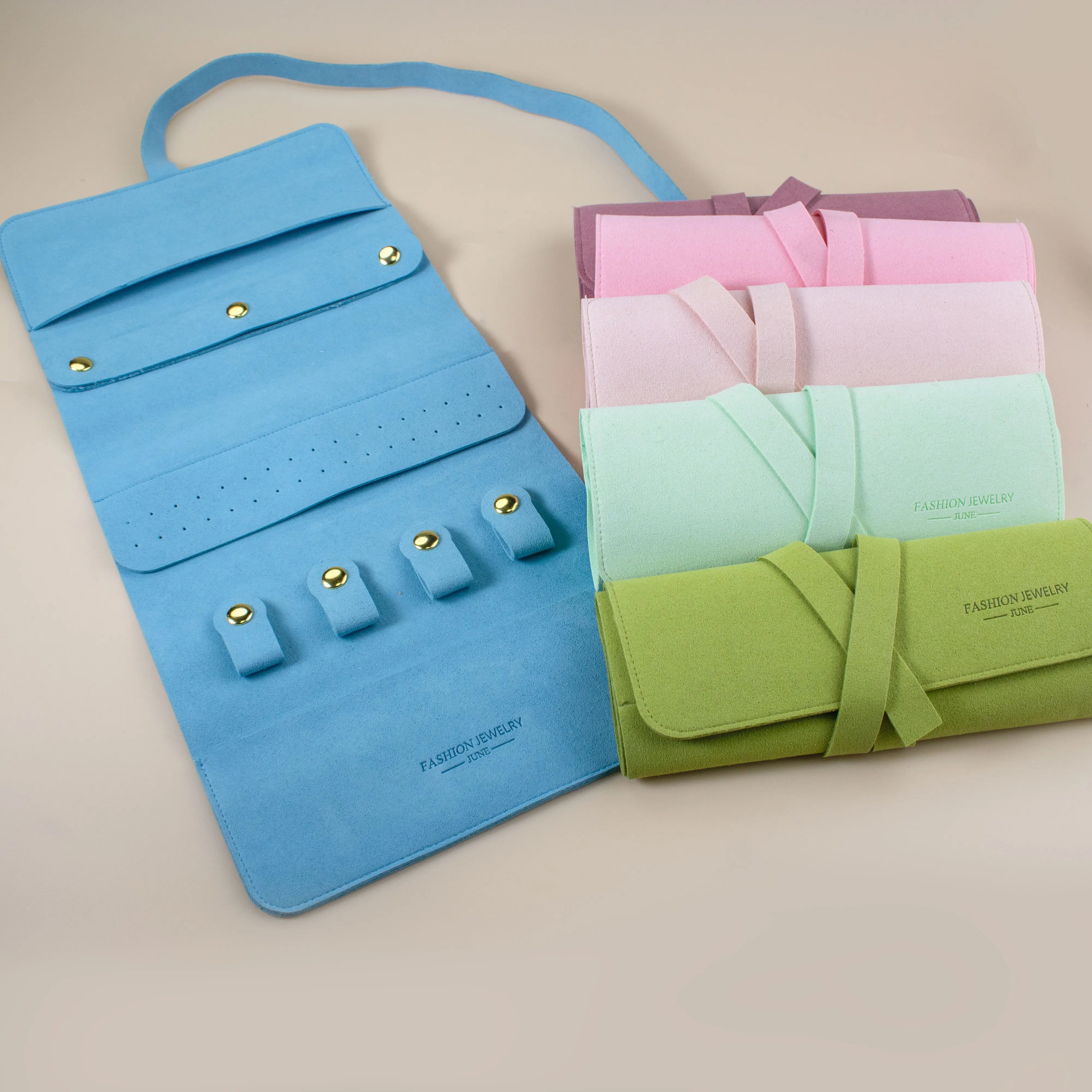 Custom Logo Luxury 1.4mm Microfiber Travel Jewelry Organizer Case Roll Foldable Portable Jewelry Container with Luxury Logo