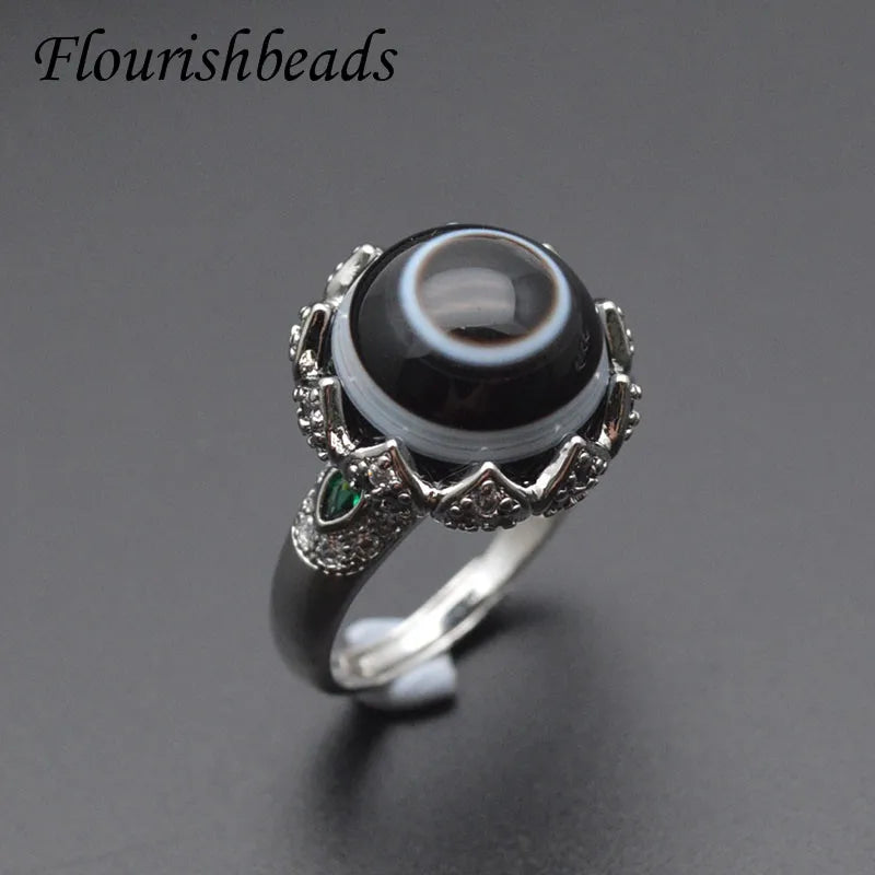 Natural Gemstone Black Agate DZI Banded Gold Rhodium Plated Stone Rings
