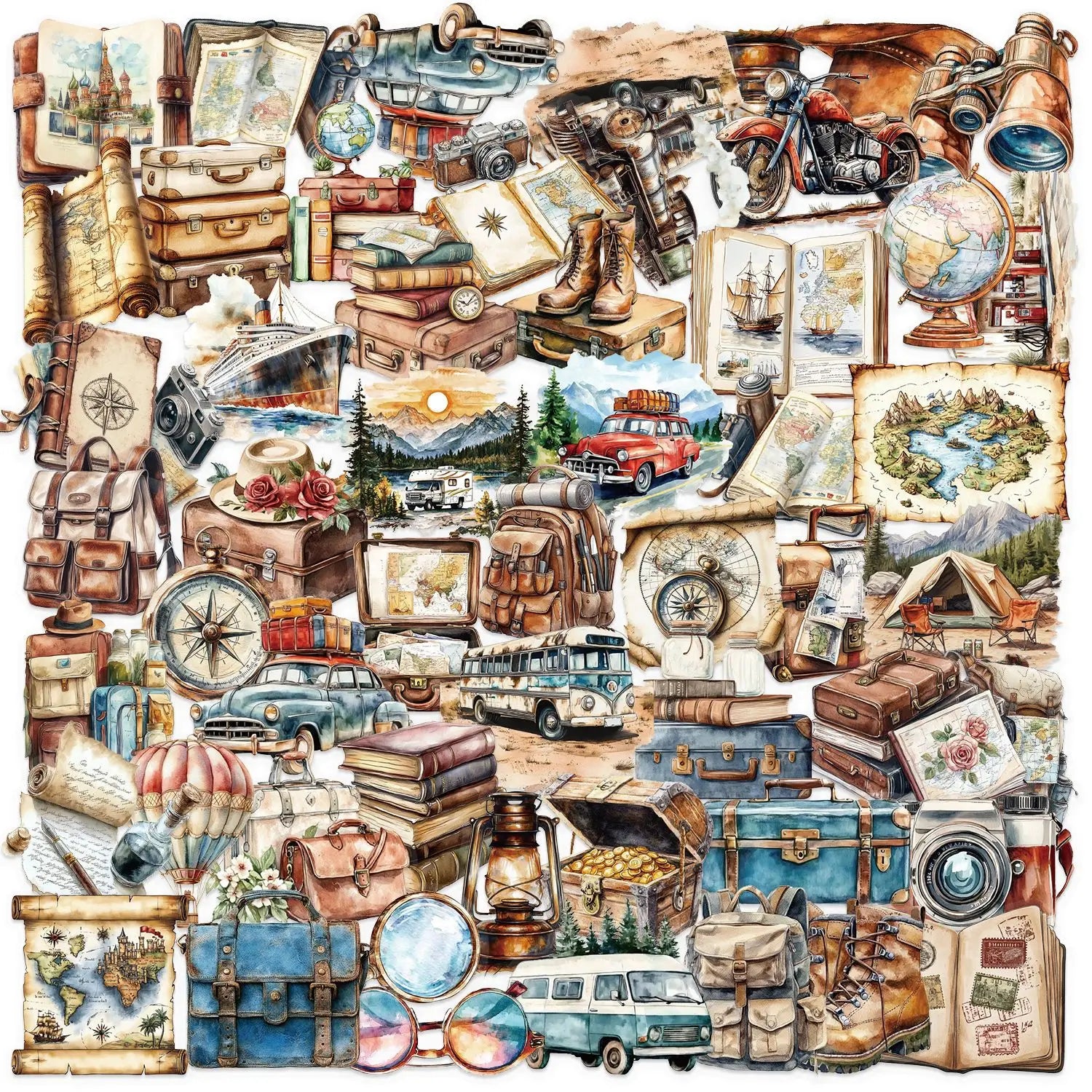 50Pcs Transparent Retro World Travel Stickers for Luggage Bottle Decor PET Creative DIY Sticker