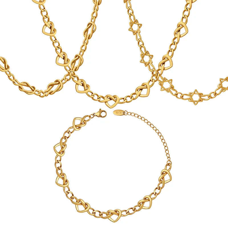 New Brass Gold Plated Hexagon Star Shaped Heart Shaped Knot Chain Necklace Bracelet Jewelry Set