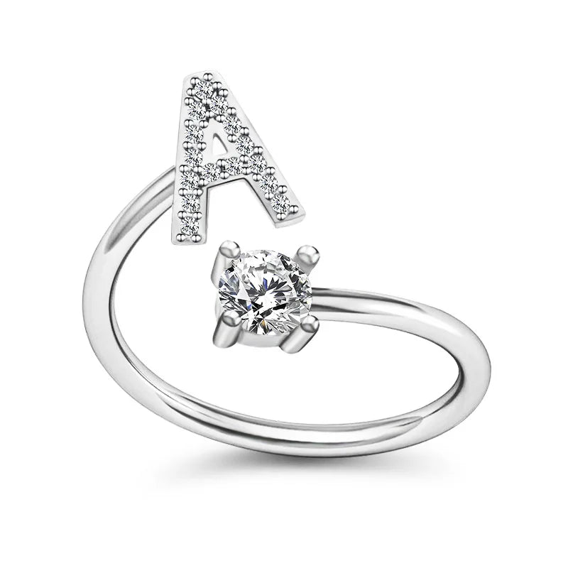 Hot Selling 26 Letters Rings A-Z Alphabet Initial Ring Silver Zircon Crystal Adjustable Open Rings for Women Girls