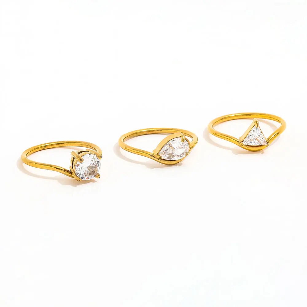 High End 18K Plain Gold Water Drop Round Triangle Zirconia Fine Arrow Rings Stainless Steel Trendy Simple Gold Plated Jewelry