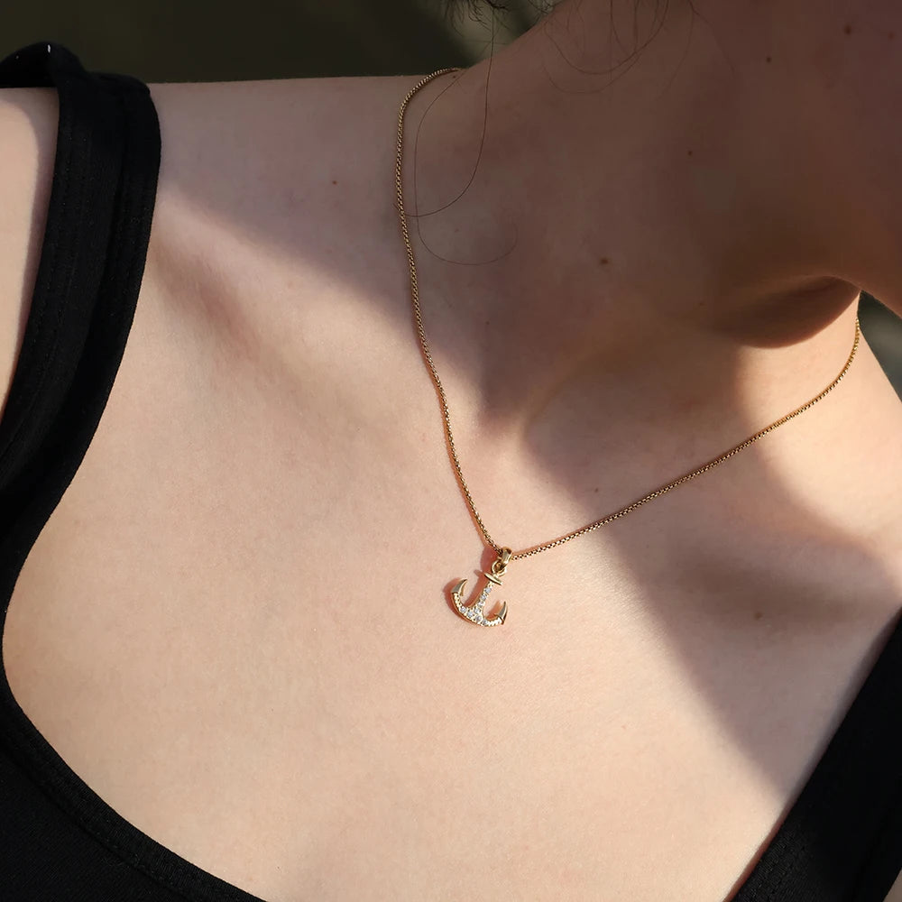 High-End Stainless Steel Necklace 18K Gold Zircon Gold Sliver Anchor Pendant Chain Dainty Necklace Niche Design