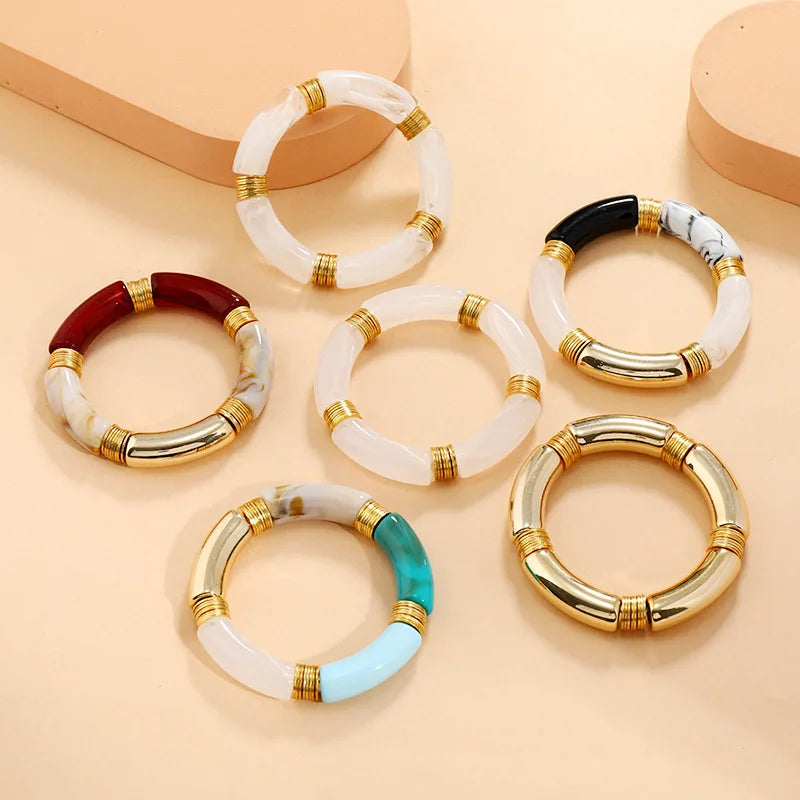 Hot Selling Acrylic Bend Bamboo Bangle  Vintage Marble Natural Stone Acetic Acid Round Bangle for Women