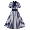 Vintage 40s 50s Clothing Retro Cotton Striped Short Sleeve Dresses with Bow
