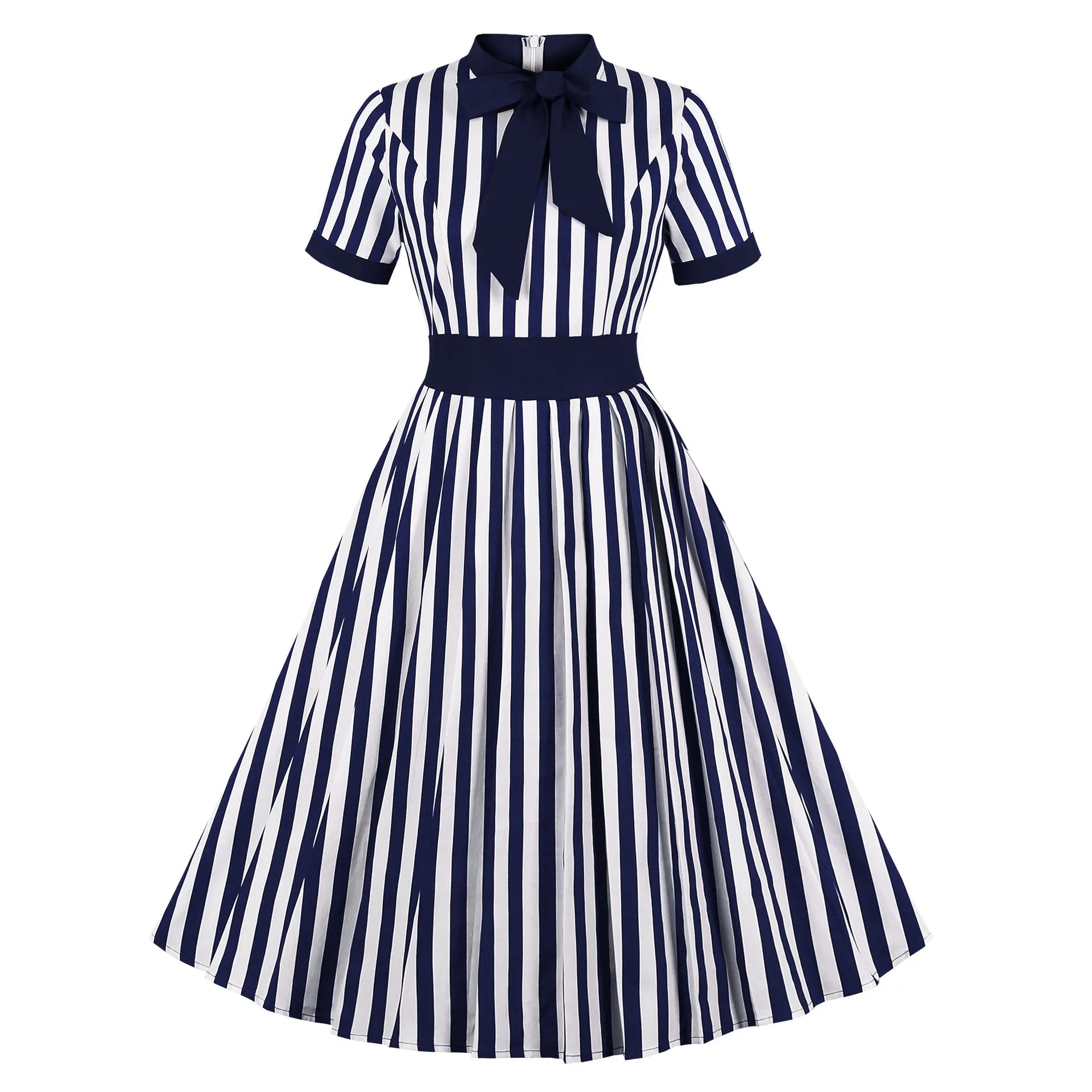 Vintage 40s 50s Clothing Retro Cotton Striped Short Sleeve Dresses with Bow